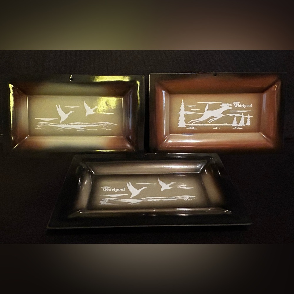 Vtg Whirlpool Advertising Porcelain Coated Tray,Scene With Deer & Geese set of 3